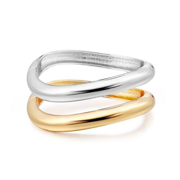 Gold Plated Cuff Bangle Bracelets Set Chunky Hinged Minimalist Jewelry - Picture 2 of 7